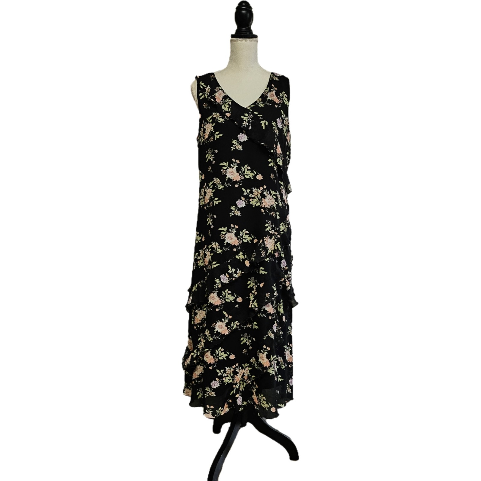 Coldwater Creek Black Floral Tiered Ruffle Midi Dress Size M Dark Romantic Fairy